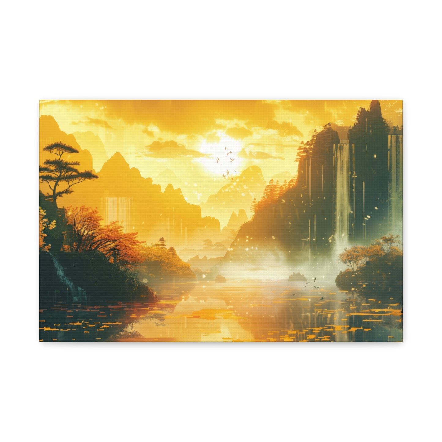 Dreamy Landscape Sunset with Waterfall and Mountains - Digital Illustration Canvas Gallery Wraps