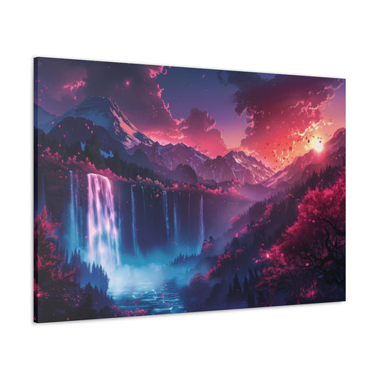 Dreamy Landscape Sunset with Waterfall and Mountains - Digital Illustration Canvas Gallery Wraps