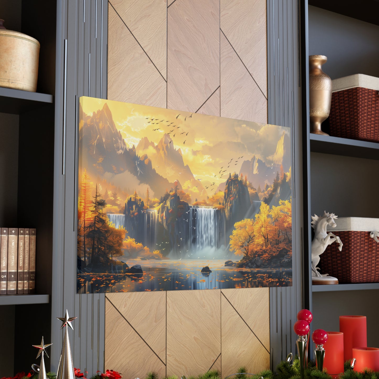 Dreamy Landscape Sunset with Waterfall and Mountains - Digital Illustration Canvas Gallery Wraps