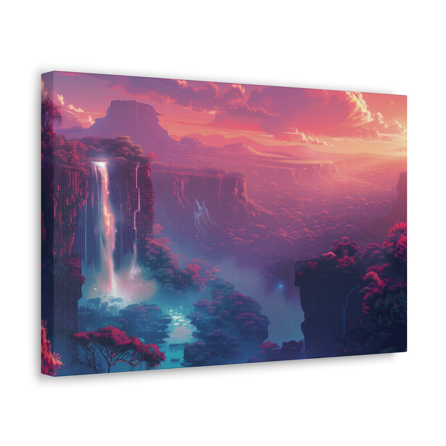 Dreamy Landscape with Waterfall and Mountains - Purple Evening Digital Illustration Canvas Gallery Wraps