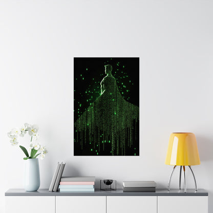 Neon Code Guardian: 3D Glitch Superman Matrix Effect - Digital Illustration Matte Vertical Poster