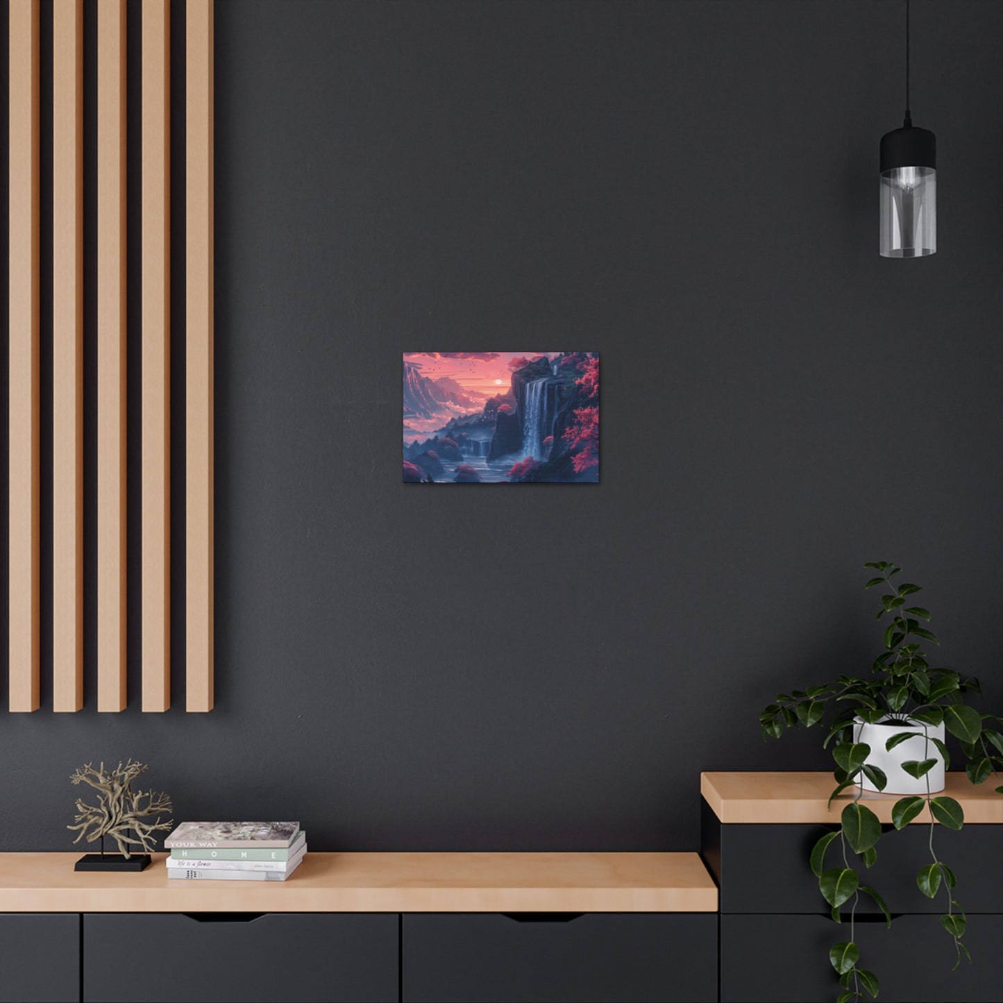 Dreamy Landscape Sunset with Waterfall and Mountains - Digital Illustration Canvas Gallery Wraps