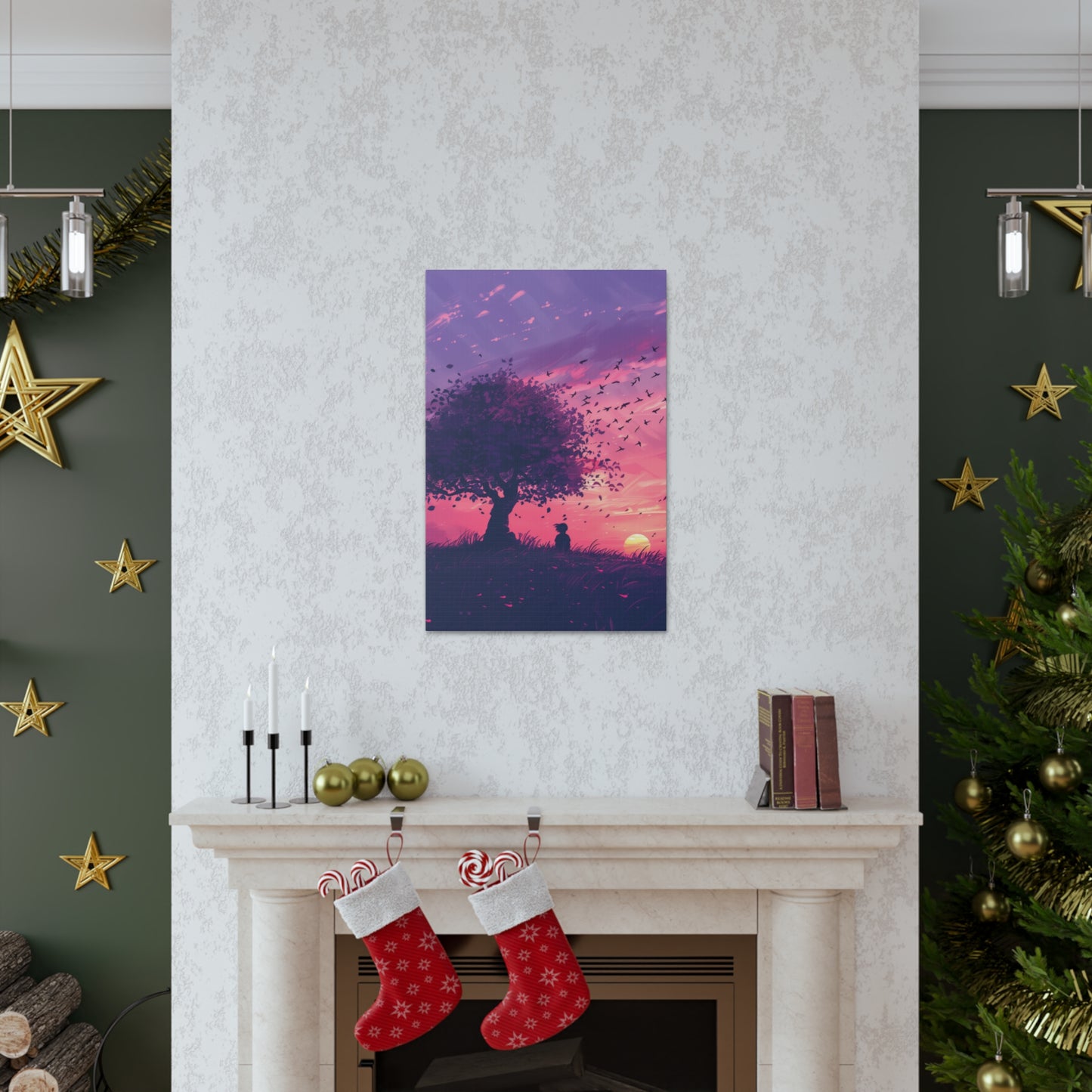 Tree in a Purple Sunset Digital Illustration Canvas Gallery Wraps