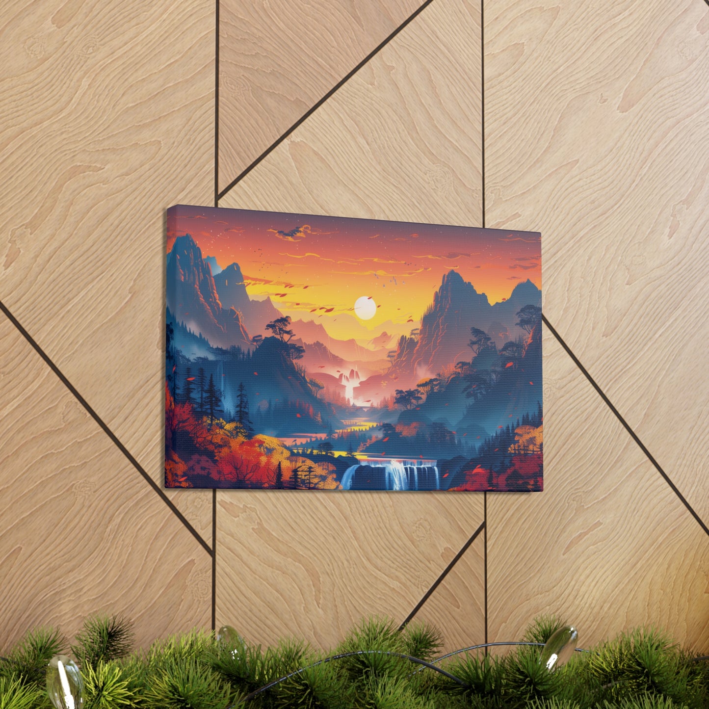 Dreamy Landscape Sunset with Waterfall and Mountains - Digital Illustration Canvas Gallery Wraps