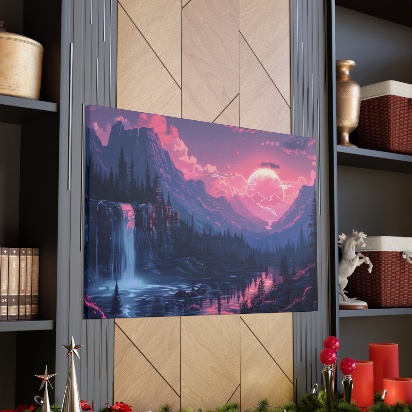 Dreamy Landscape Sunset with Waterfall and Mountains -  Digital Illustration Canvas Gallery Wraps