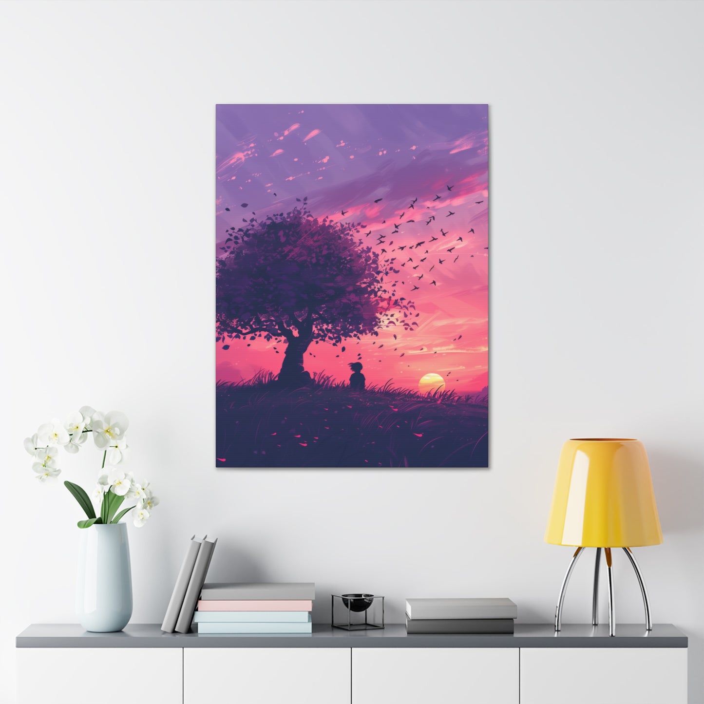 Tree in a Purple Sunset Digital Illustration Canvas Gallery Wraps