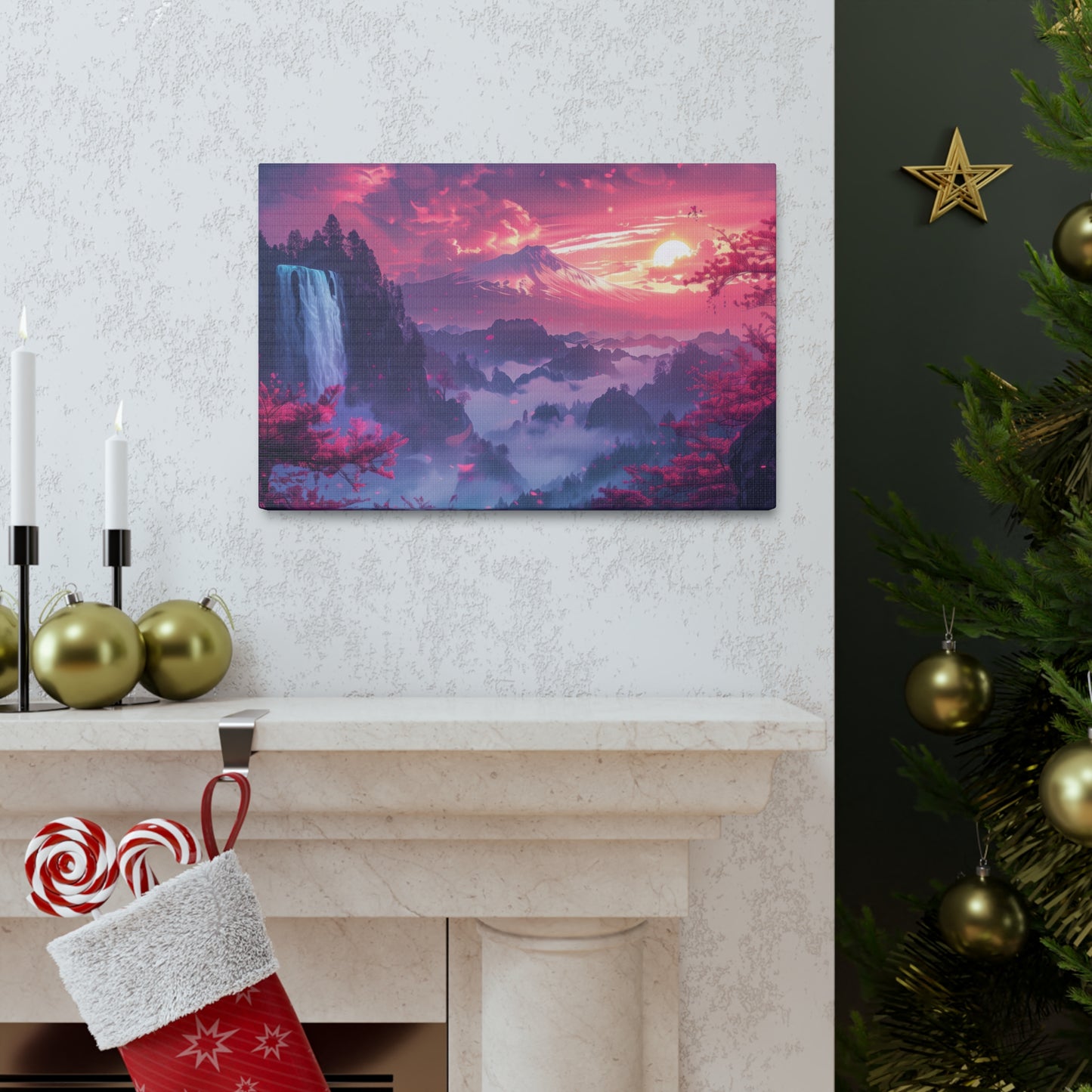 Dreamy Landscape Sunset with Waterfall and Mountains - Digital Illustration Canvas Gallery Wraps