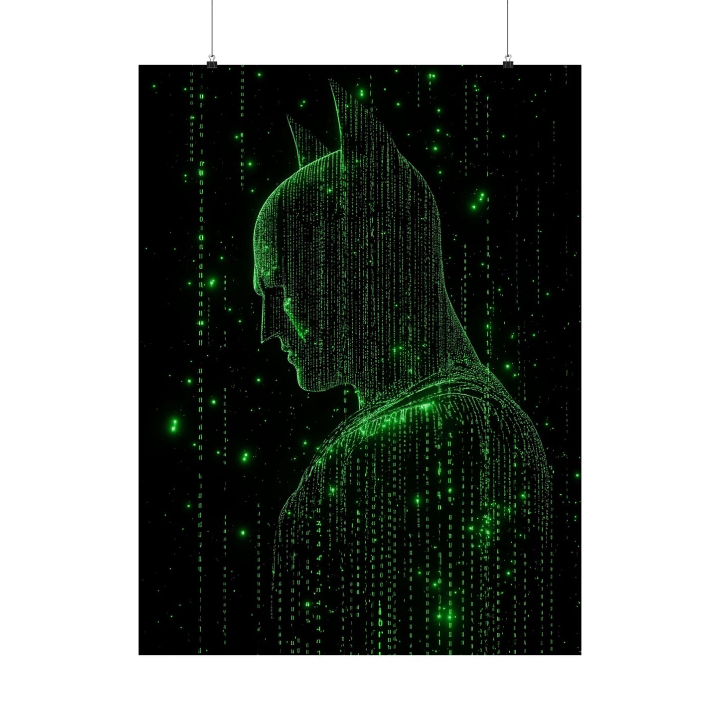 Neon Code Vigilante: 3D Glitch Batman Matrix Effect - Digital Illustration Matte Vertical Poster