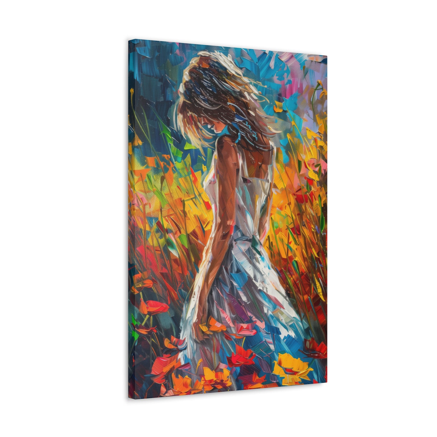 a girl standing in flower field Digital Oil Painting Print Canvas Gallery Wraps