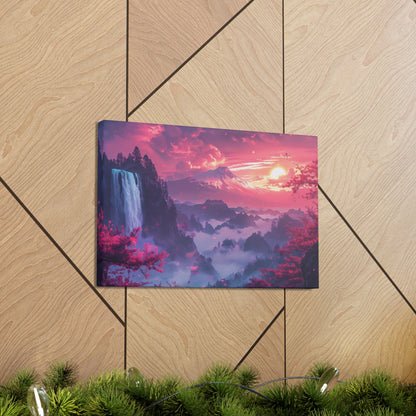 Dreamy Landscape Sunset with Waterfall and Mountains - Digital Illustration Canvas Gallery Wraps