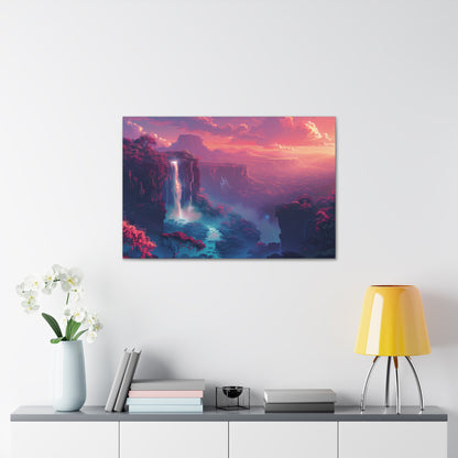 Dreamy Landscape with Waterfall and Mountains - Purple Evening Digital Illustration Canvas Gallery Wraps