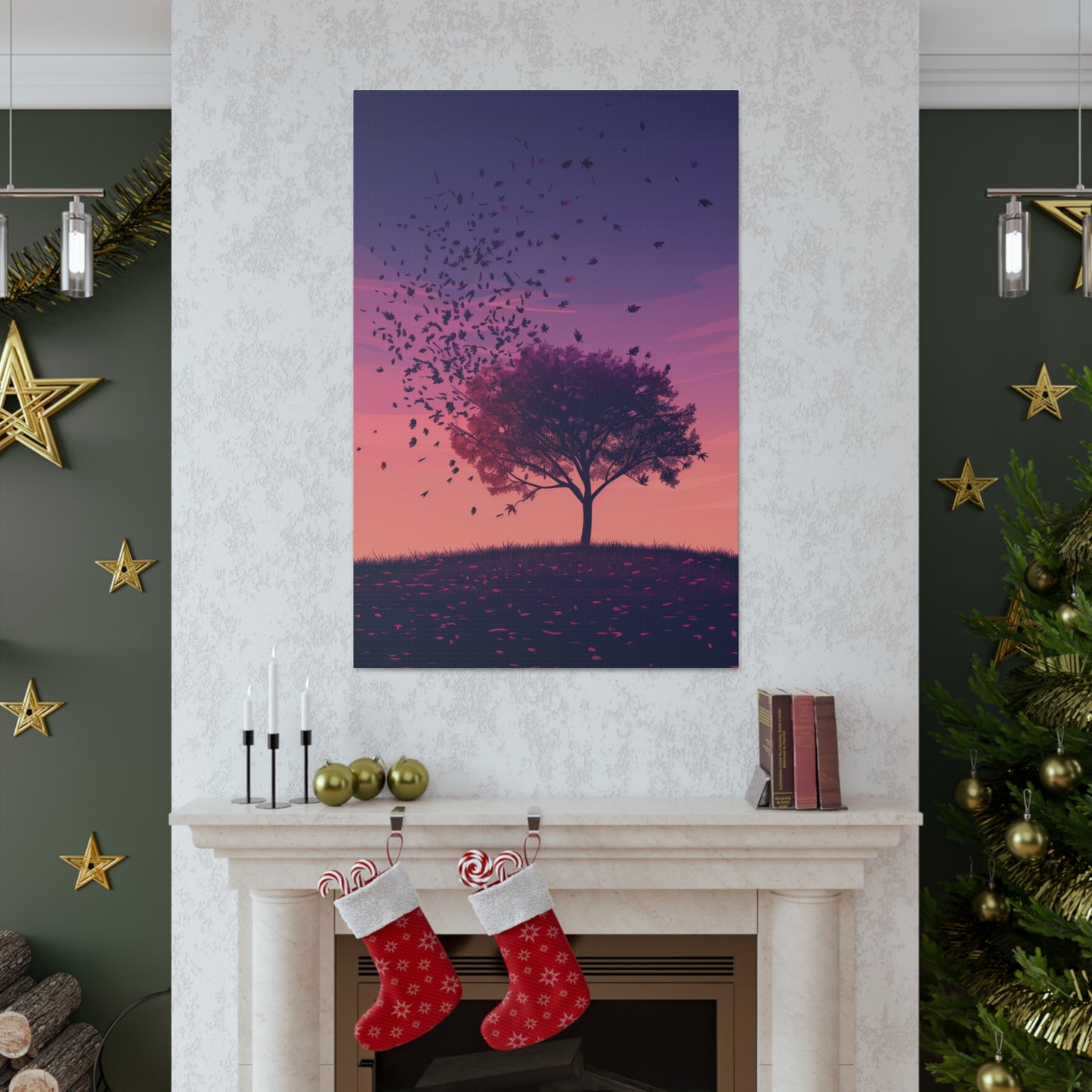 Tree in a Purple Sunset Digital Illustration Canvas Gallery Wraps