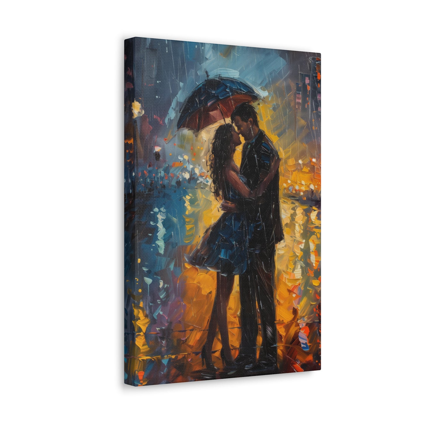 couple in the city streets in a rainy day with umbrella - Leonid Afremov Style Digital Print Canvas Gallery Wraps