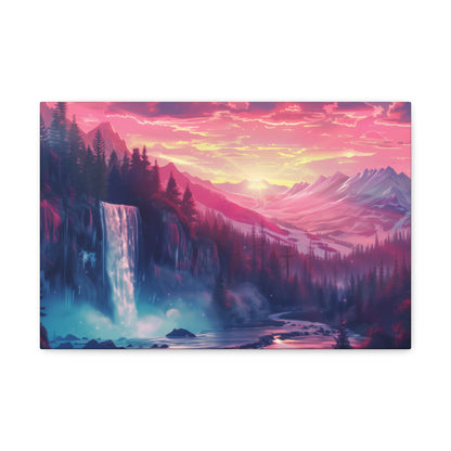 Dreamy Landscape with Waterfall and Mountains - Purple Evening Digital Illustration Canvas Gallery Wraps