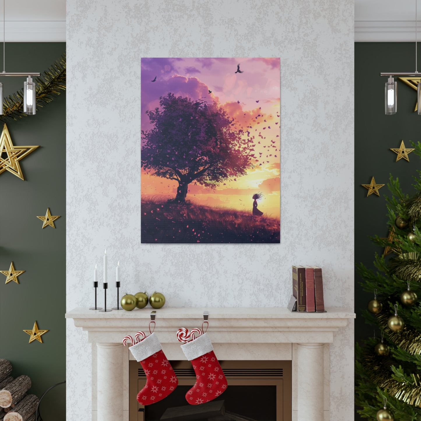 Tree in a Purple Sunset Digital Illustration Canvas Gallery Wraps