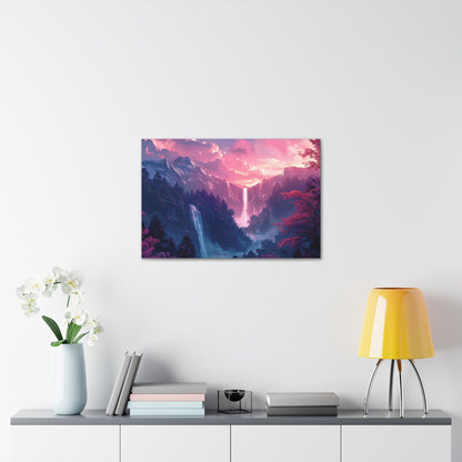 Dreamy Landscape with Waterfall and Mountains - Purple Evening Digital Illustration Canvas Gallery Wraps