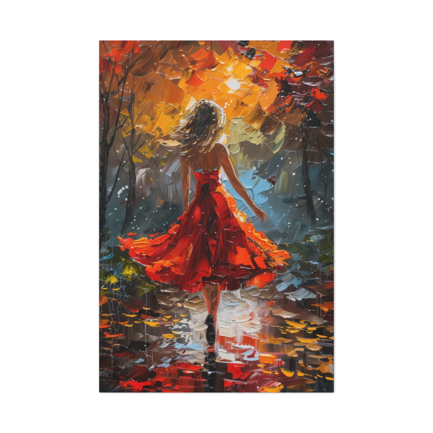 a girl in red dress walking through forest - Leonid Afremov Style Digital Print Canvas Gallery Wraps