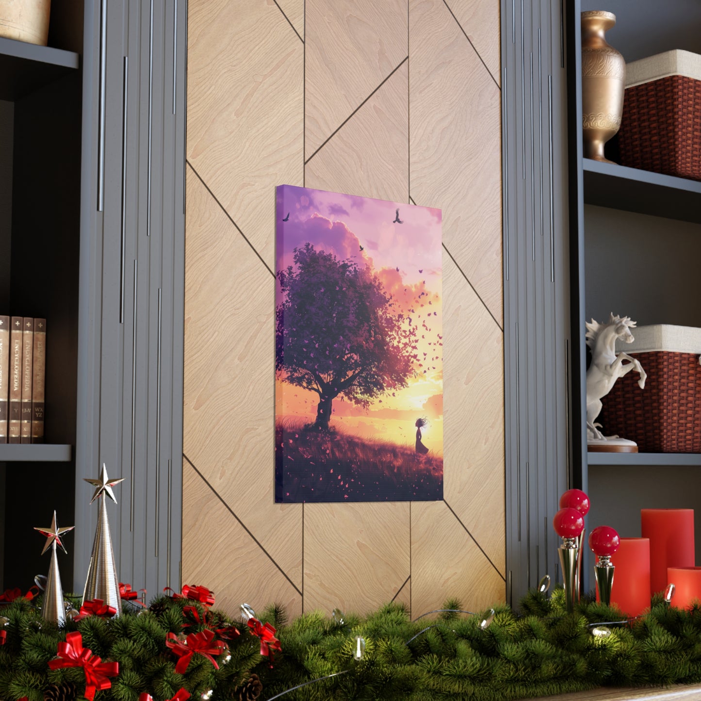 Tree in a Purple Sunset Digital Illustration Canvas Gallery Wraps