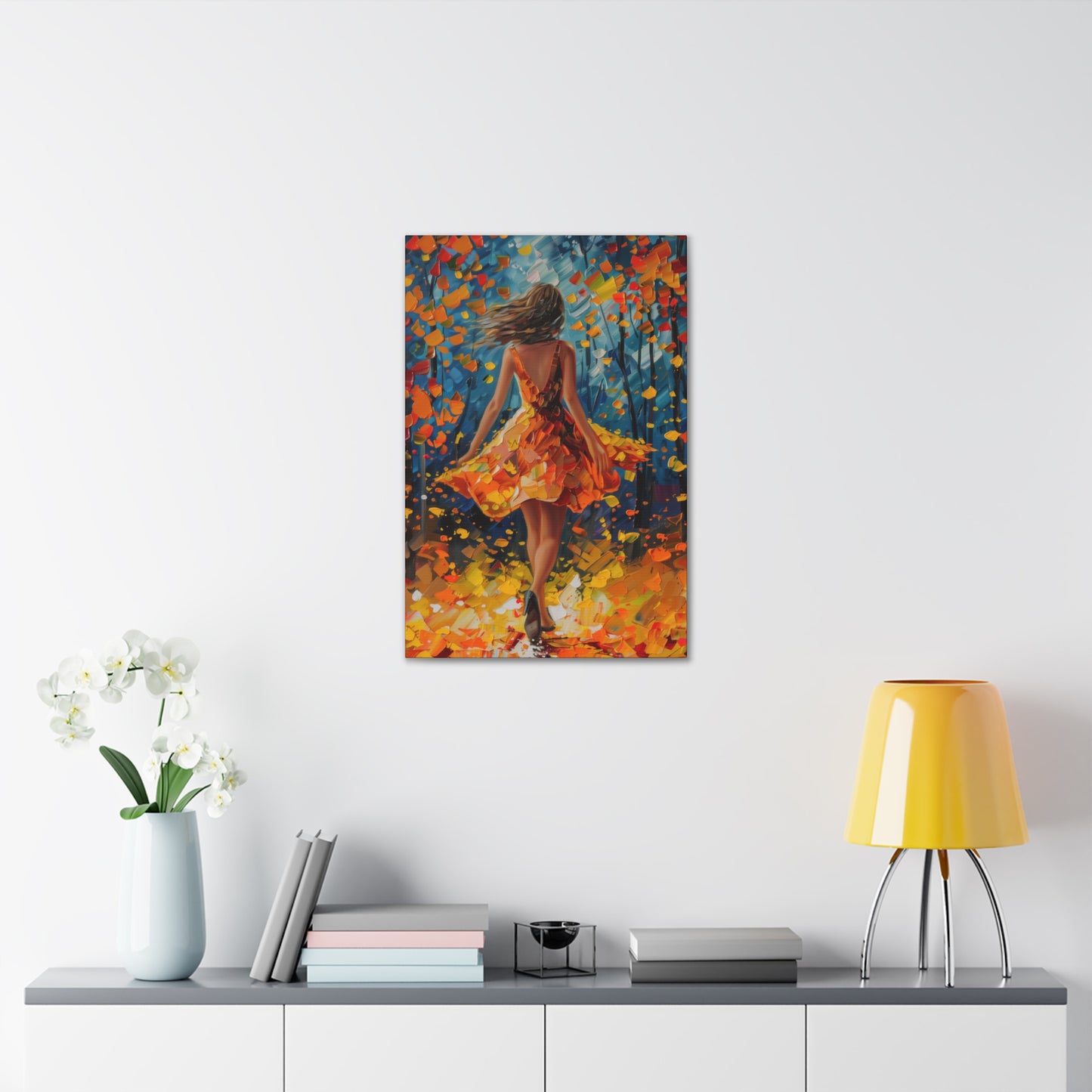 Girl with yellow dress in autumn forest - Leonid Afremov Style Digital Print Canvas Gallery Wraps