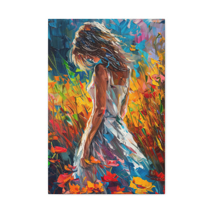 a girl standing in flower field Digital Oil Painting Print Canvas Gallery Wraps