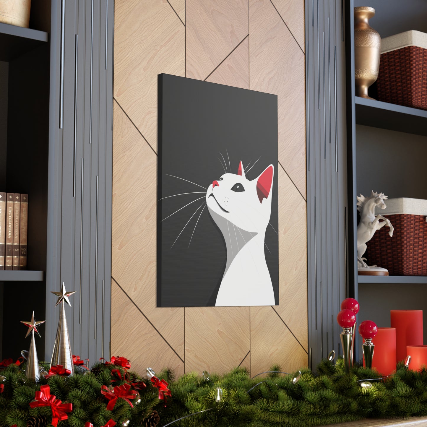 White Cat in Black Background Digital Illustration Canvas Gallery Wraps