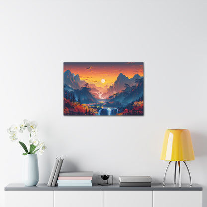 Dreamy Landscape Sunset with Waterfall and Mountains - Digital Illustration Canvas Gallery Wraps