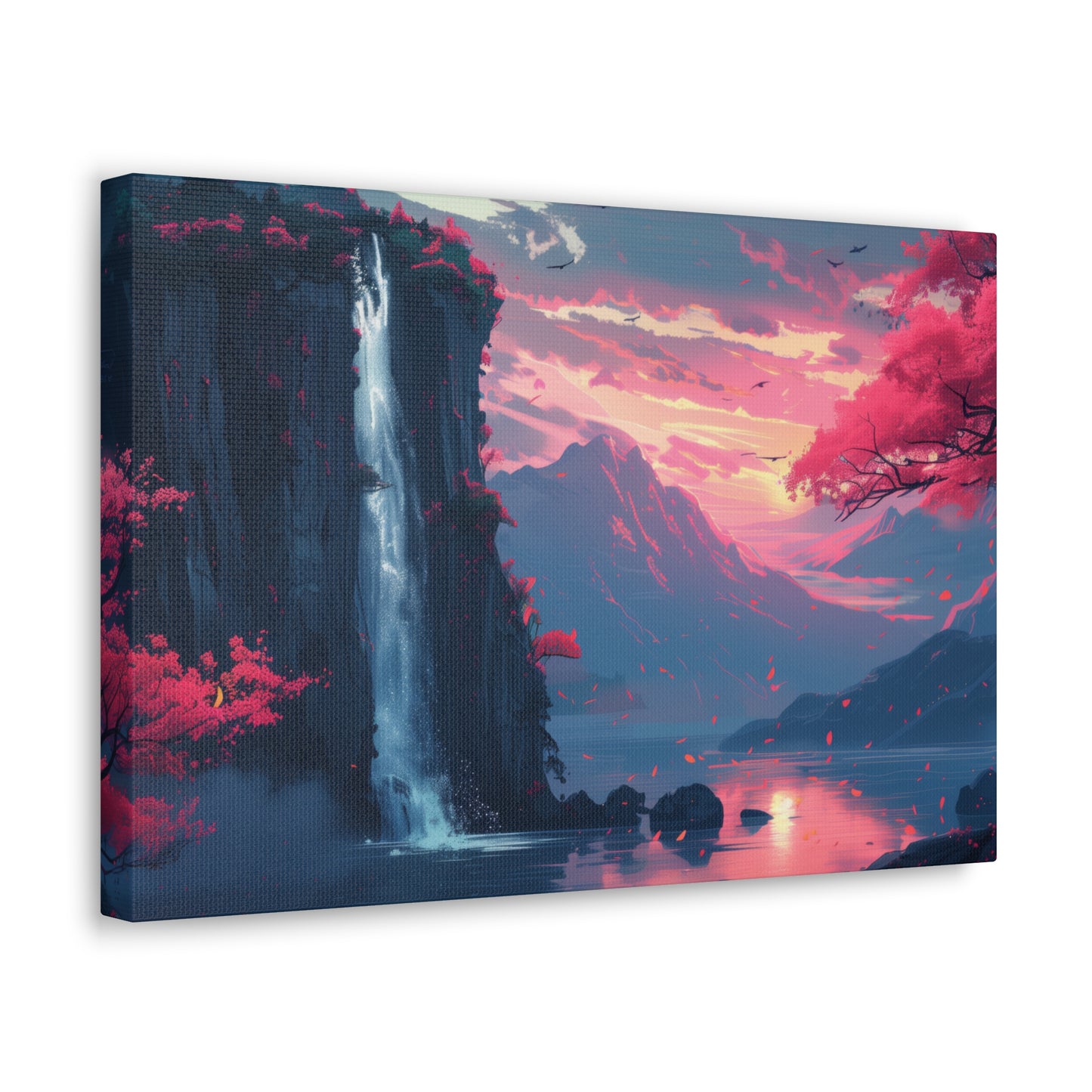 Dreamy Landscape with Waterfall and Mountains - Purple Evening Digital Illustration Canvas Gallery Wraps