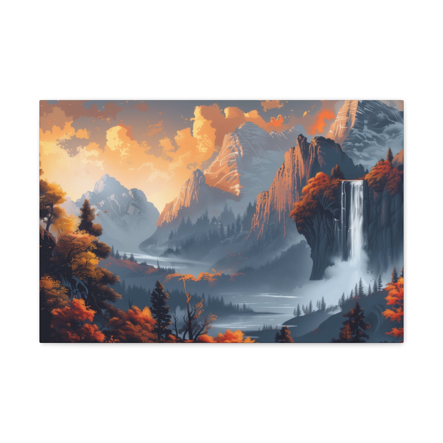 Dreamy Landscape Morning with Waterfall and Mountains - Digital Illustration Canvas Gallery Wraps