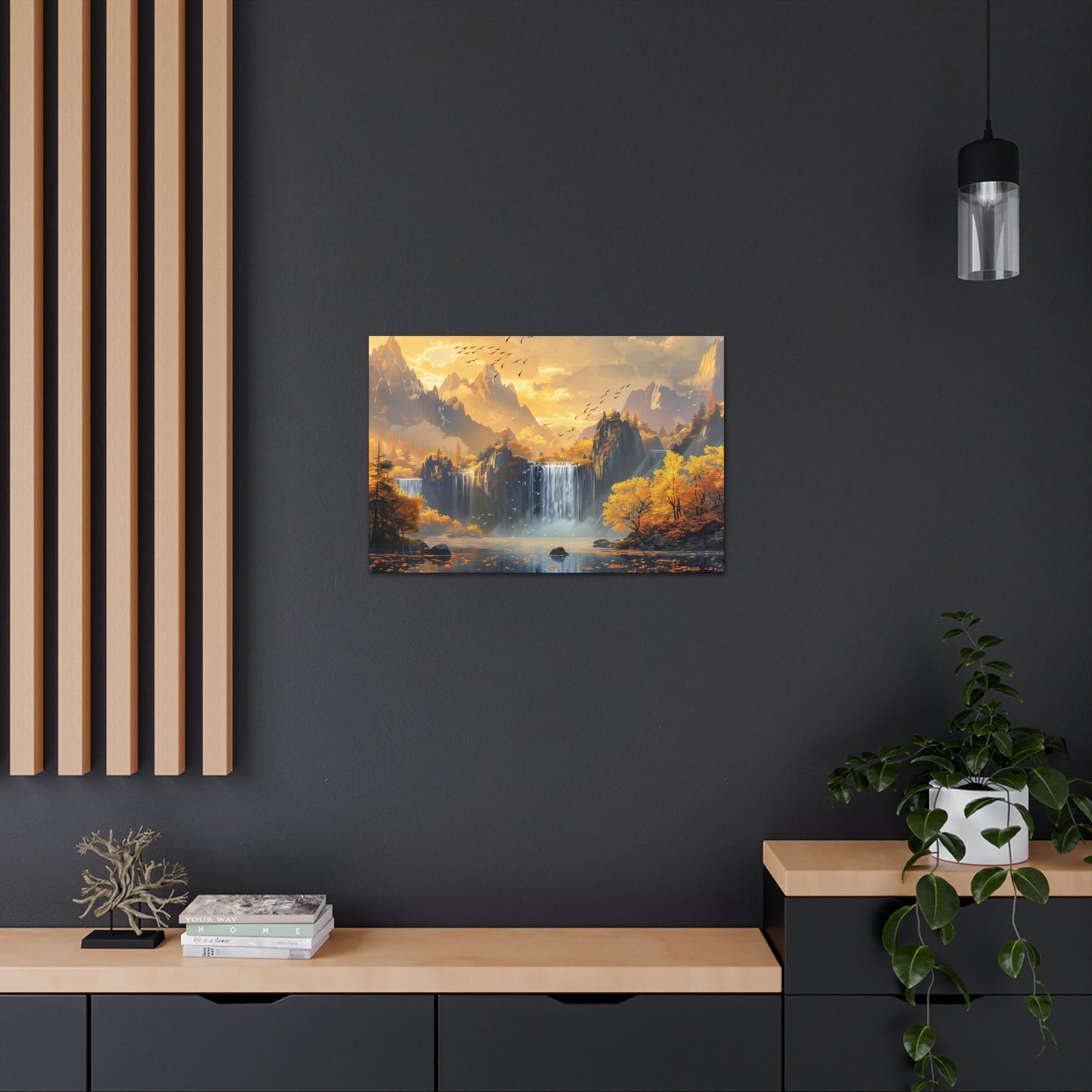 Dreamy Landscape Sunset with Waterfall and Mountains - Digital Illustration Canvas Gallery Wraps