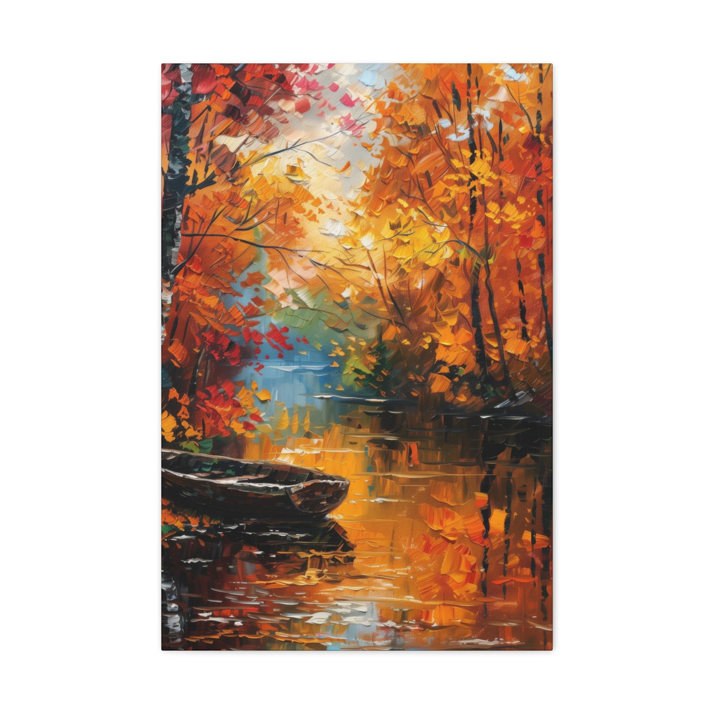 Boat in river side which flows through autumn forest - Leonid Afremov Style Digital Print Canvas Gallery Wraps