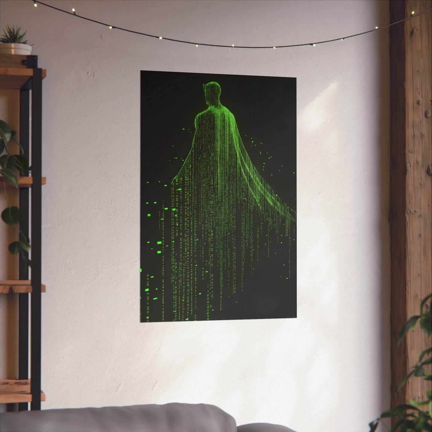 Neon Code Guardian: 3D Glitch Superman Matrix Effect - Digital Illustration Matte Vertical Poster