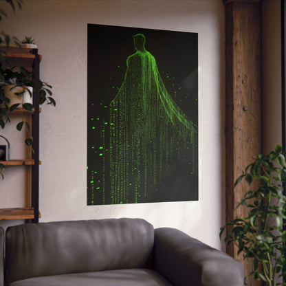 Neon Code Guardian: 3D Glitch Superman Matrix Effect - Digital Illustration Matte Vertical Poster