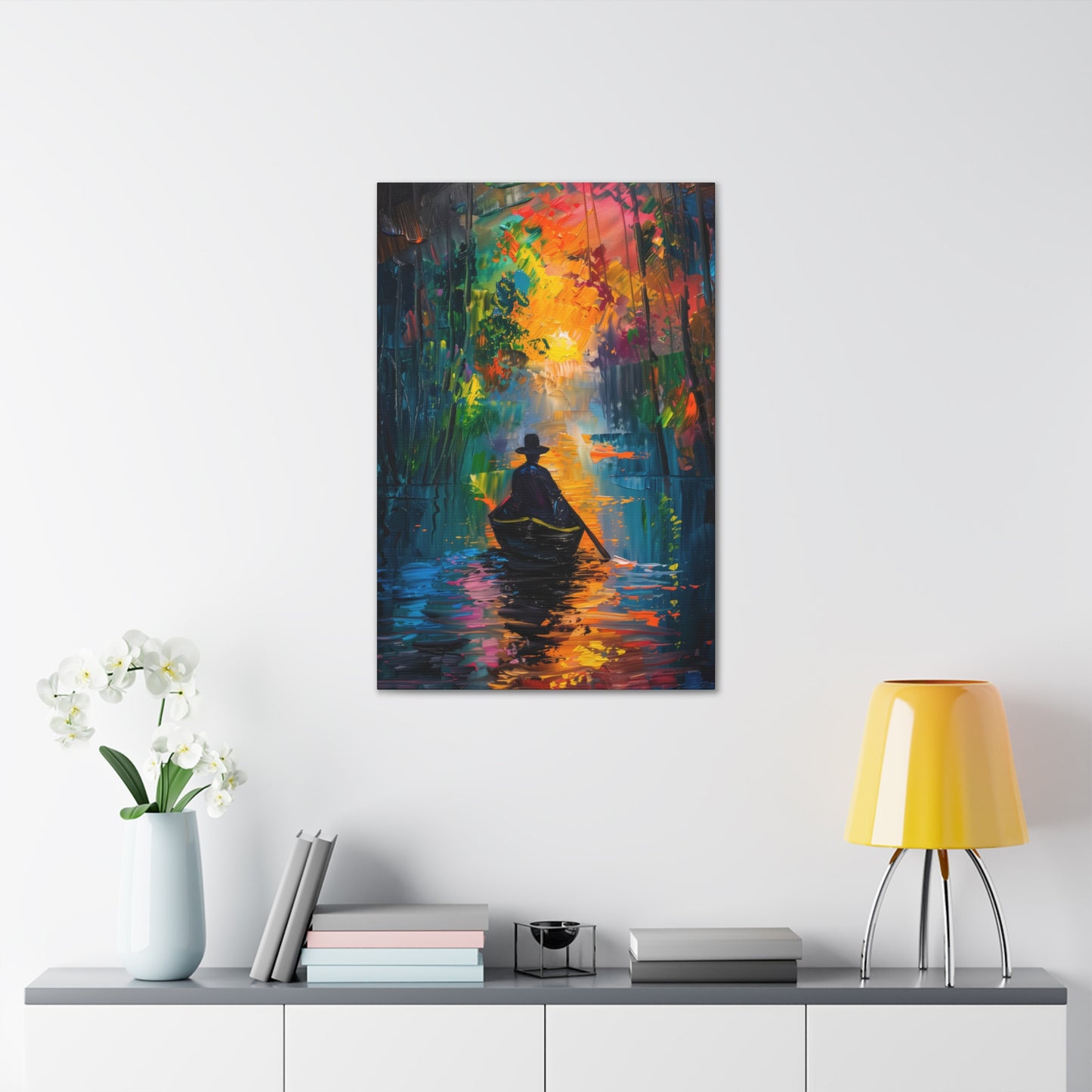 Man Sailing in a Boat in a Autumn Forest River - Claude Monet Style Digital Print Canvas Gallery Wraps