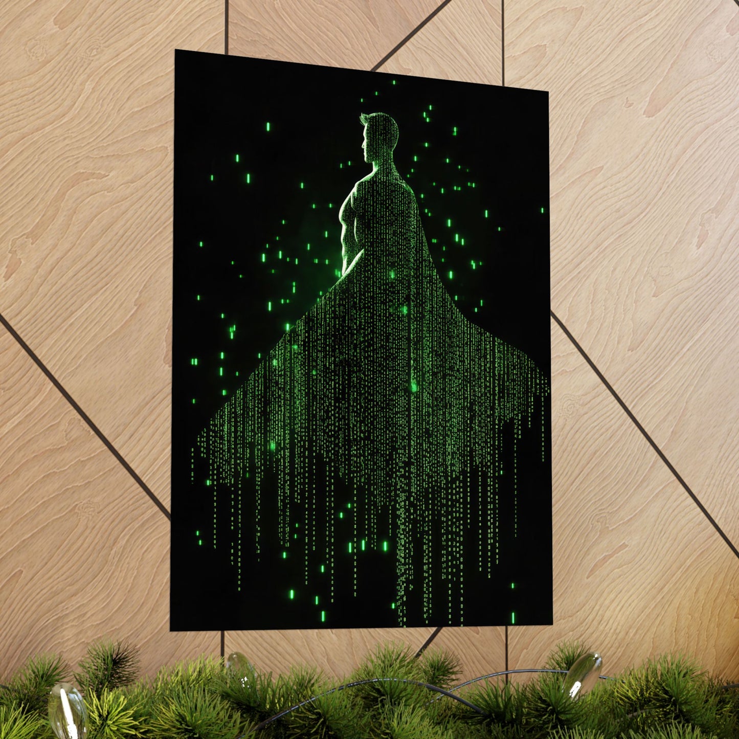 Neon Code Guardian: 3D Glitch Superman Matrix Effect - Digital Illustration Matte Vertical Poster