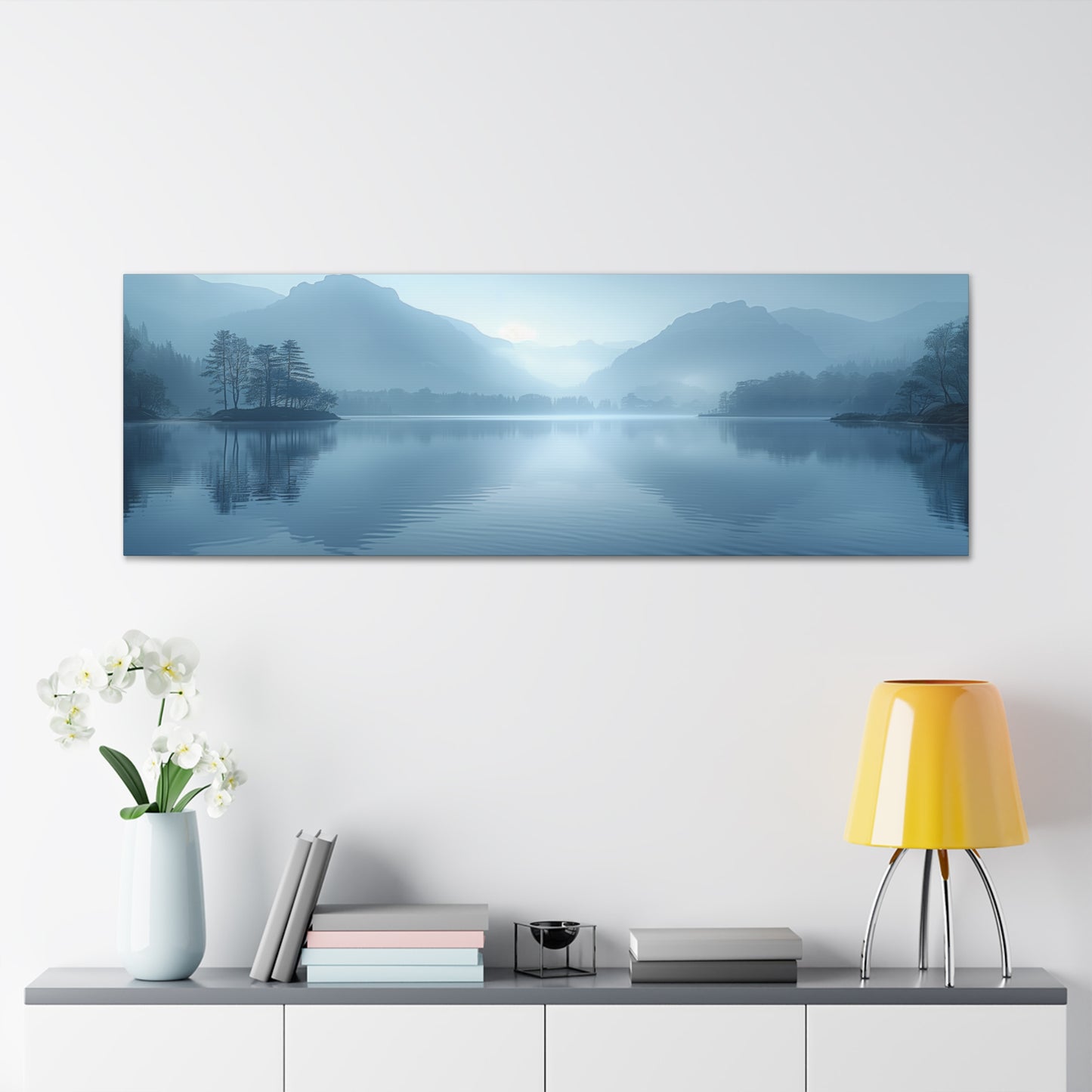 Lake Landscape with Mountains - Morning Mist Panorama Canvas Gallery Wraps