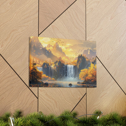 Dreamy Landscape Sunset with Waterfall and Mountains - Digital Illustration Canvas Gallery Wraps