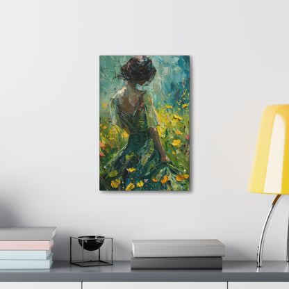 girl in a flower field wearing a green dress Digital Oil Painting Print Canvas Gallery Wraps