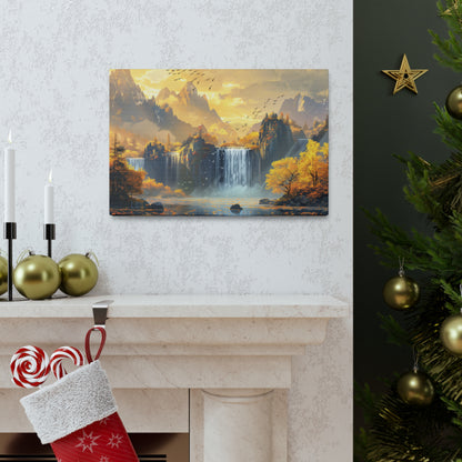 Dreamy Landscape Sunset with Waterfall and Mountains - Digital Illustration Canvas Gallery Wraps