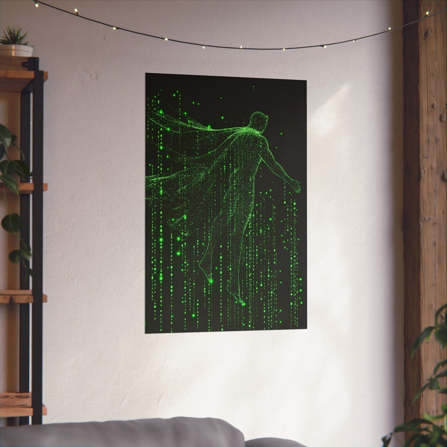 Neon Code Guardian: 3D Glitch Superman Matrix Effect - Digital Illustration Matte Vertical Poster