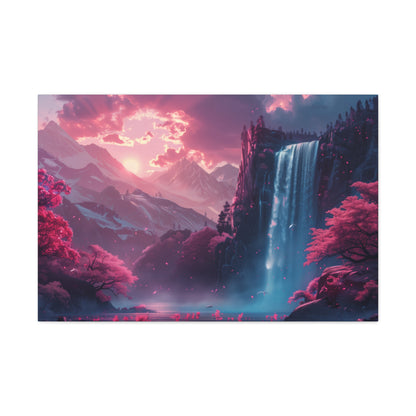 Dreamy Landscape Sunset with Waterfall and Mountains - Digital Illustration Canvas Gallery Wraps