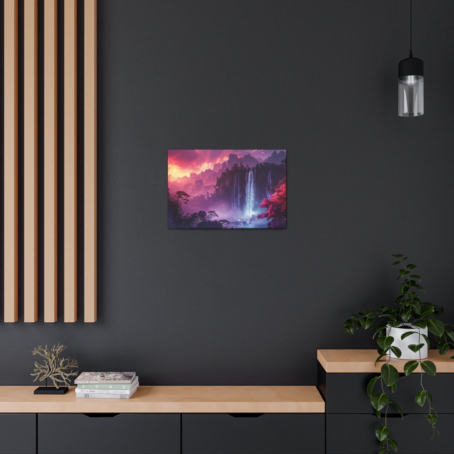 Dreamy Landscape Sunset with Waterfall and Mountains - Digital Illustration Canvas Gallery Wraps