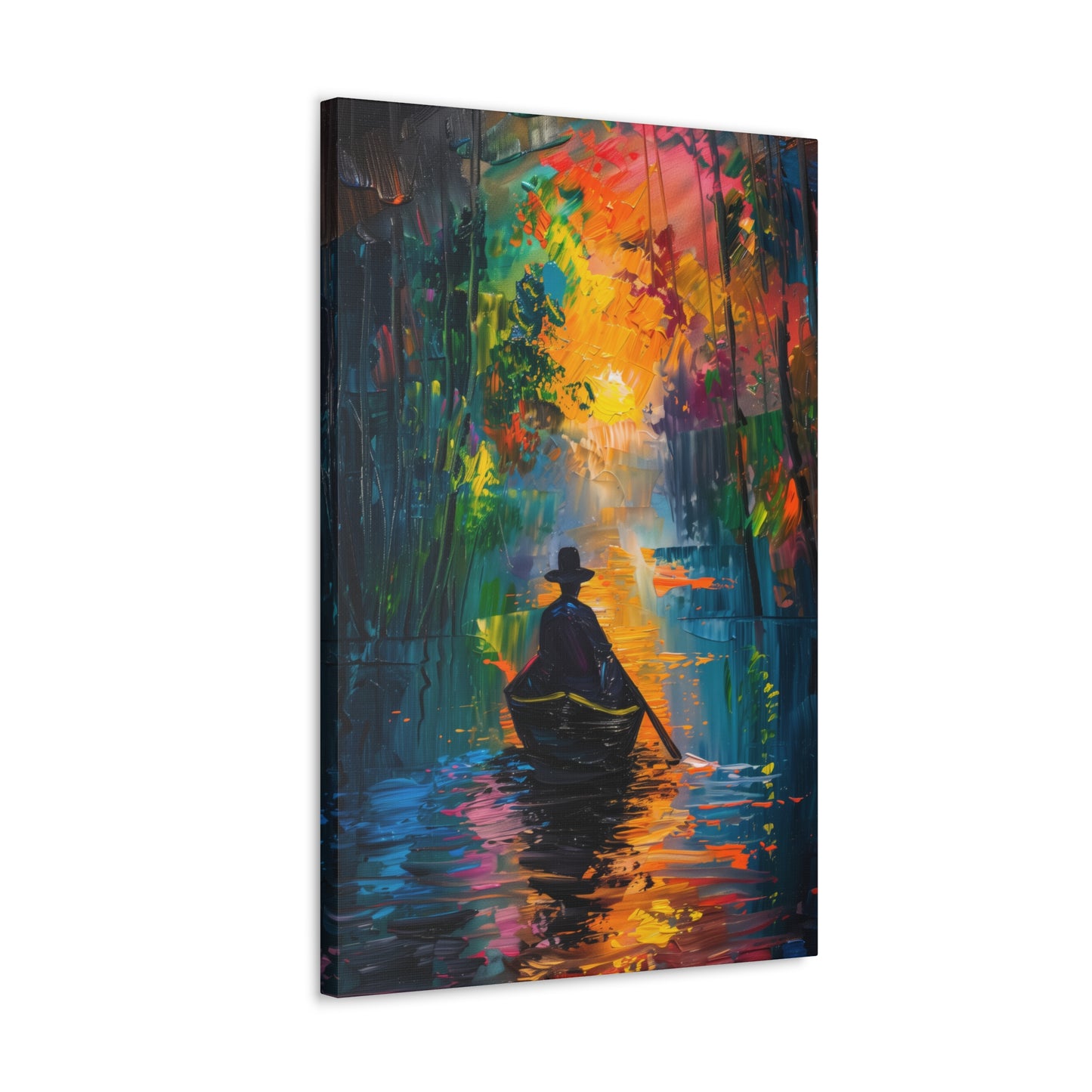 Man Sailing in a Boat in a Autumn Forest River - Claude Monet Style Digital Print Canvas Gallery Wraps