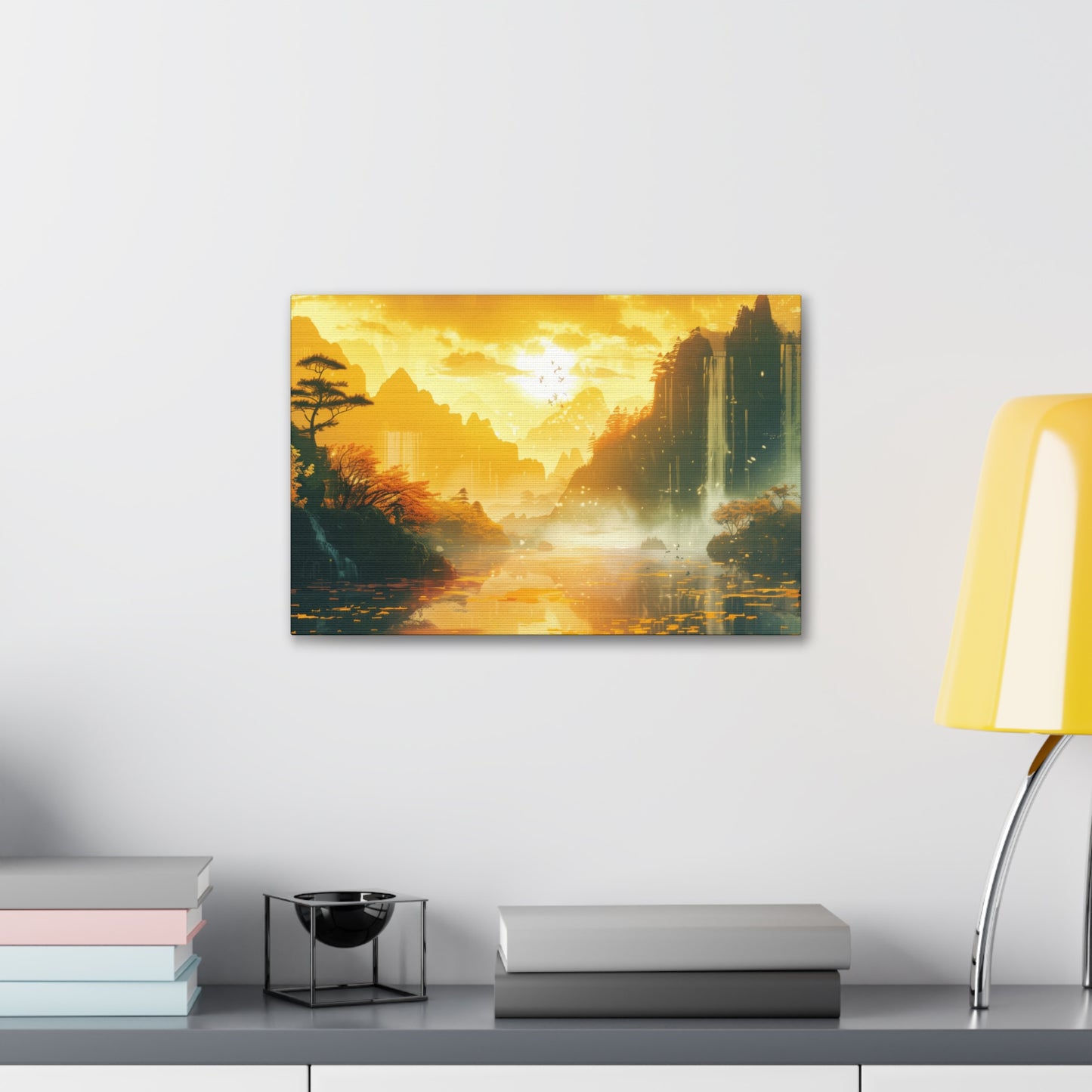 Dreamy Landscape Sunset with Waterfall and Mountains - Digital Illustration Canvas Gallery Wraps