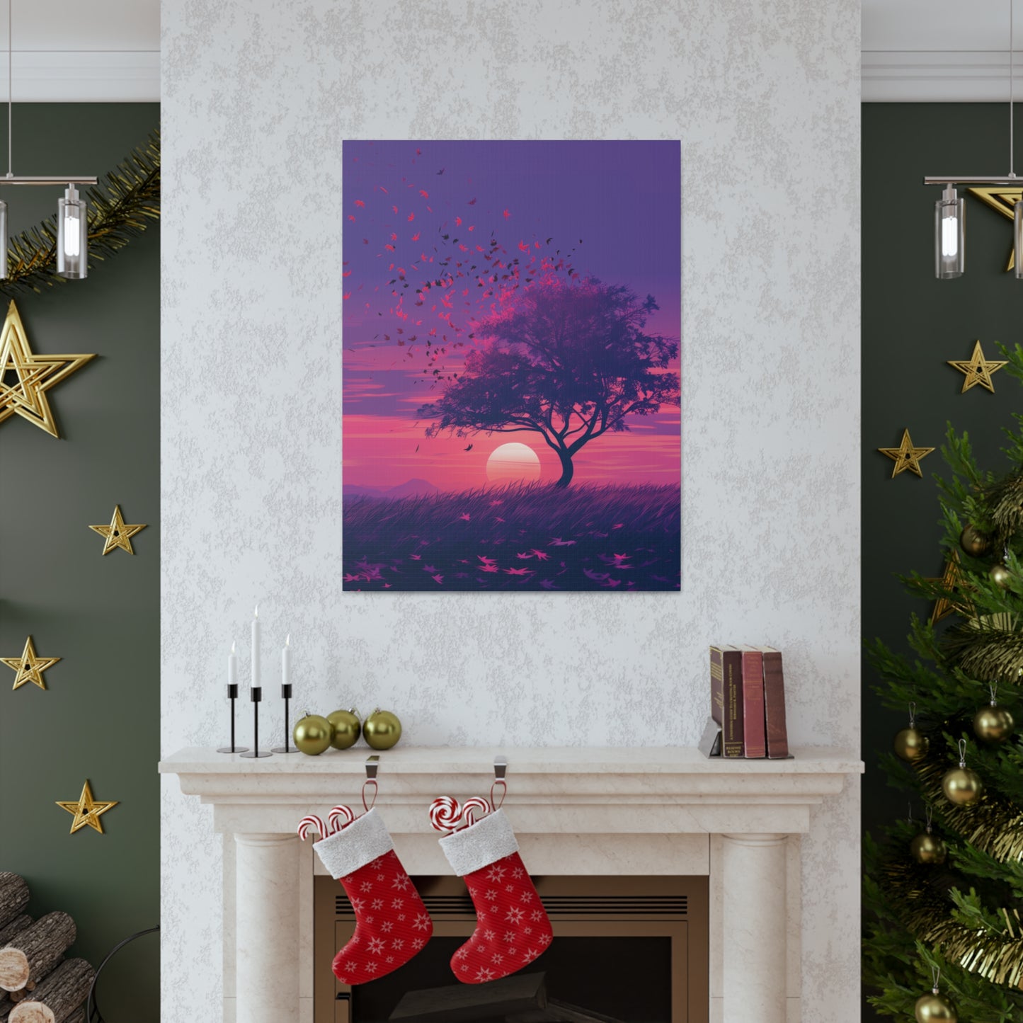 Tree in a Purple Sunset Digital Illustration Canvas Gallery Wraps