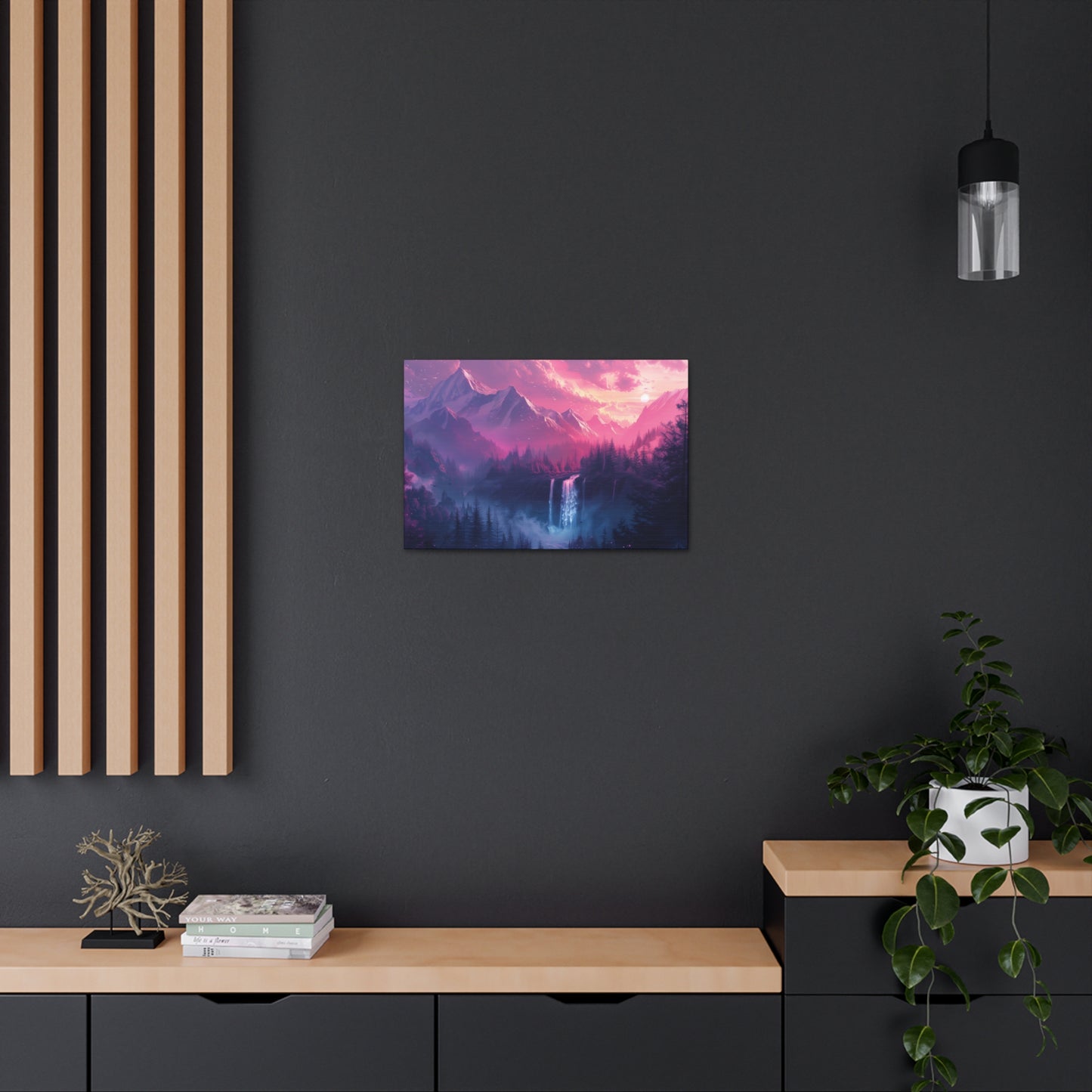 Dreamy Landscape Sunset with Waterfall and Mountains - Digital Illustration Canvas Gallery Wraps