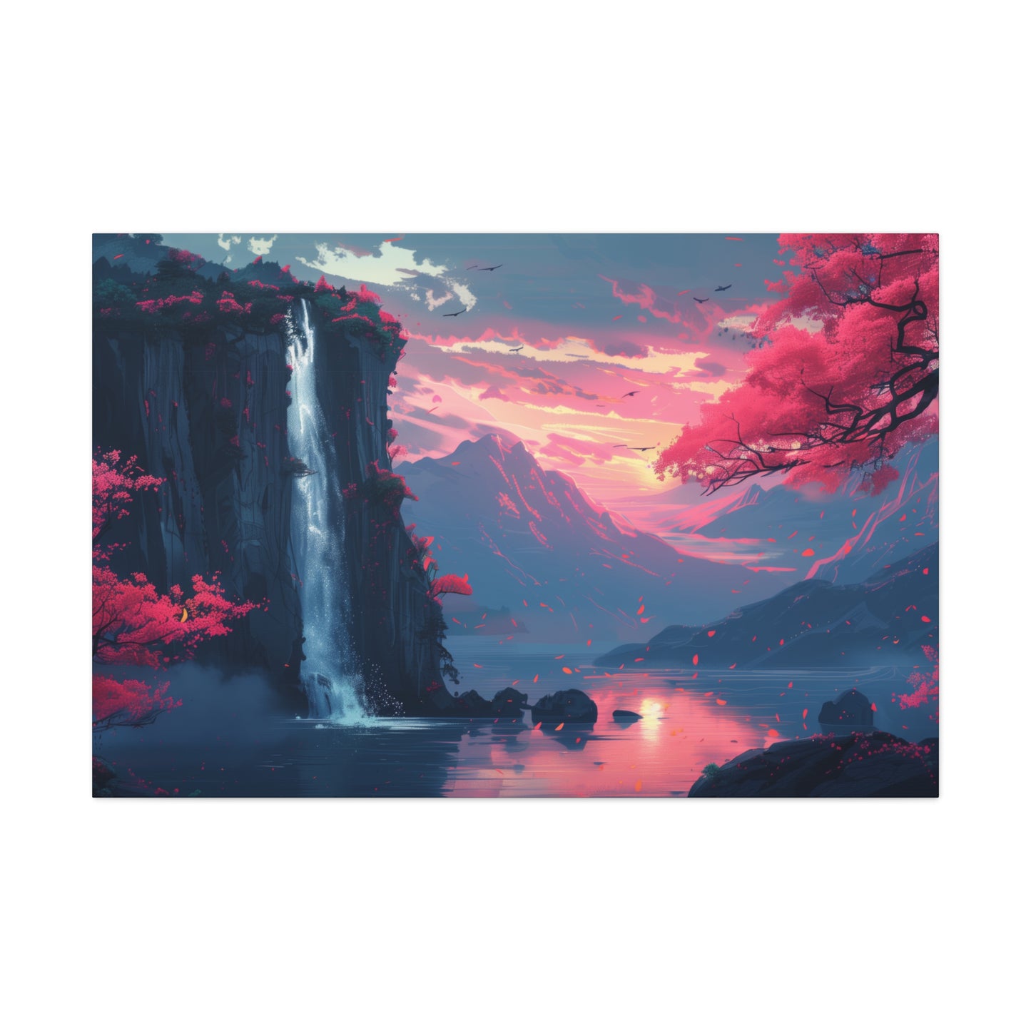 Dreamy Landscape with Waterfall and Mountains - Purple Evening Digital Illustration Canvas Gallery Wraps