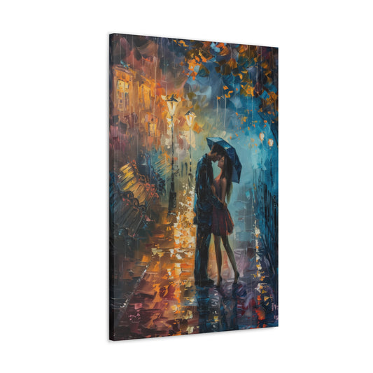 couple in the city streets in a rainy day with umbrella - Leonid Afremov Style Digital Print Canvas Gallery Wraps