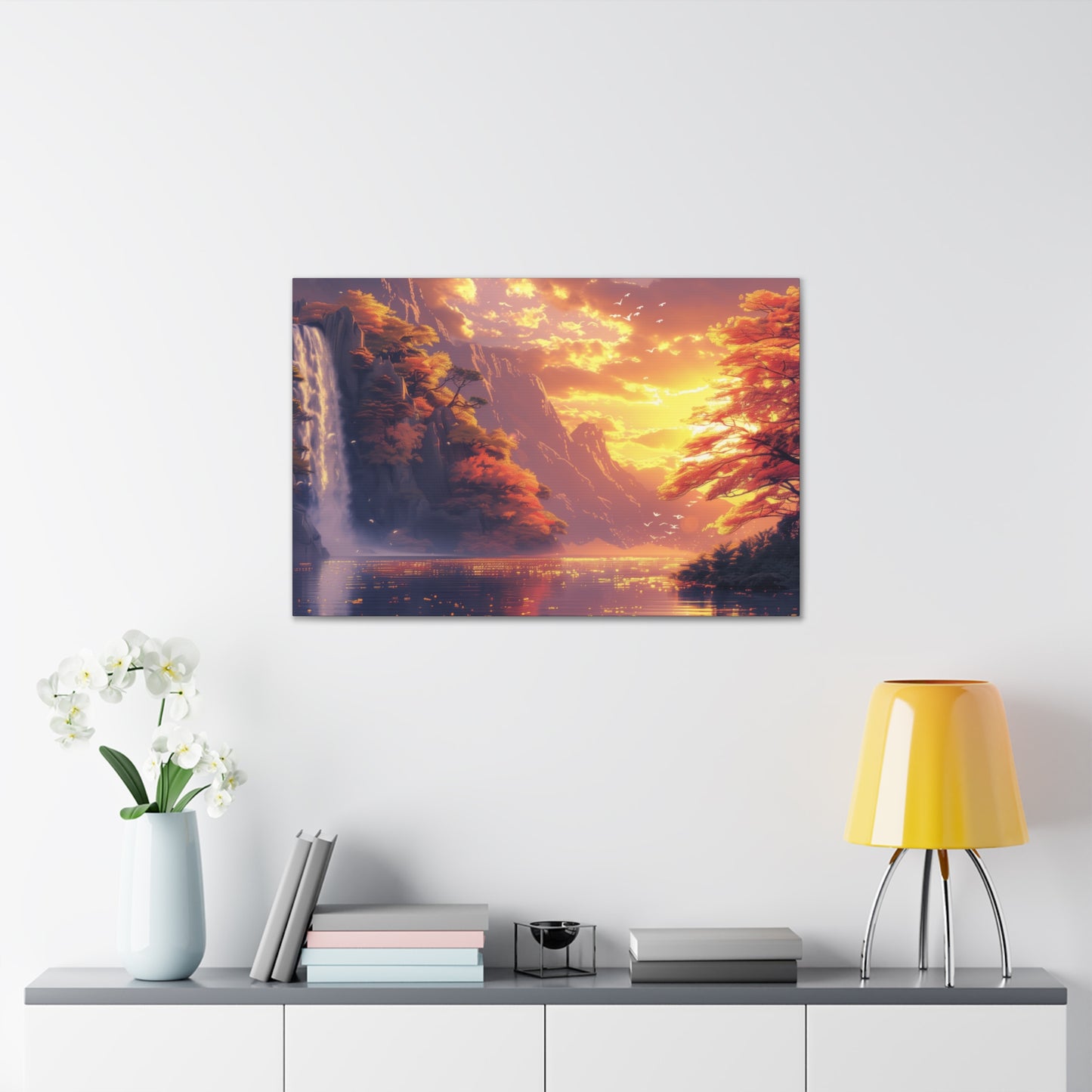 Dreamy Landscape - Waterfall and Mountains in Golden Morning Illustration Canvas Gallery Wraps