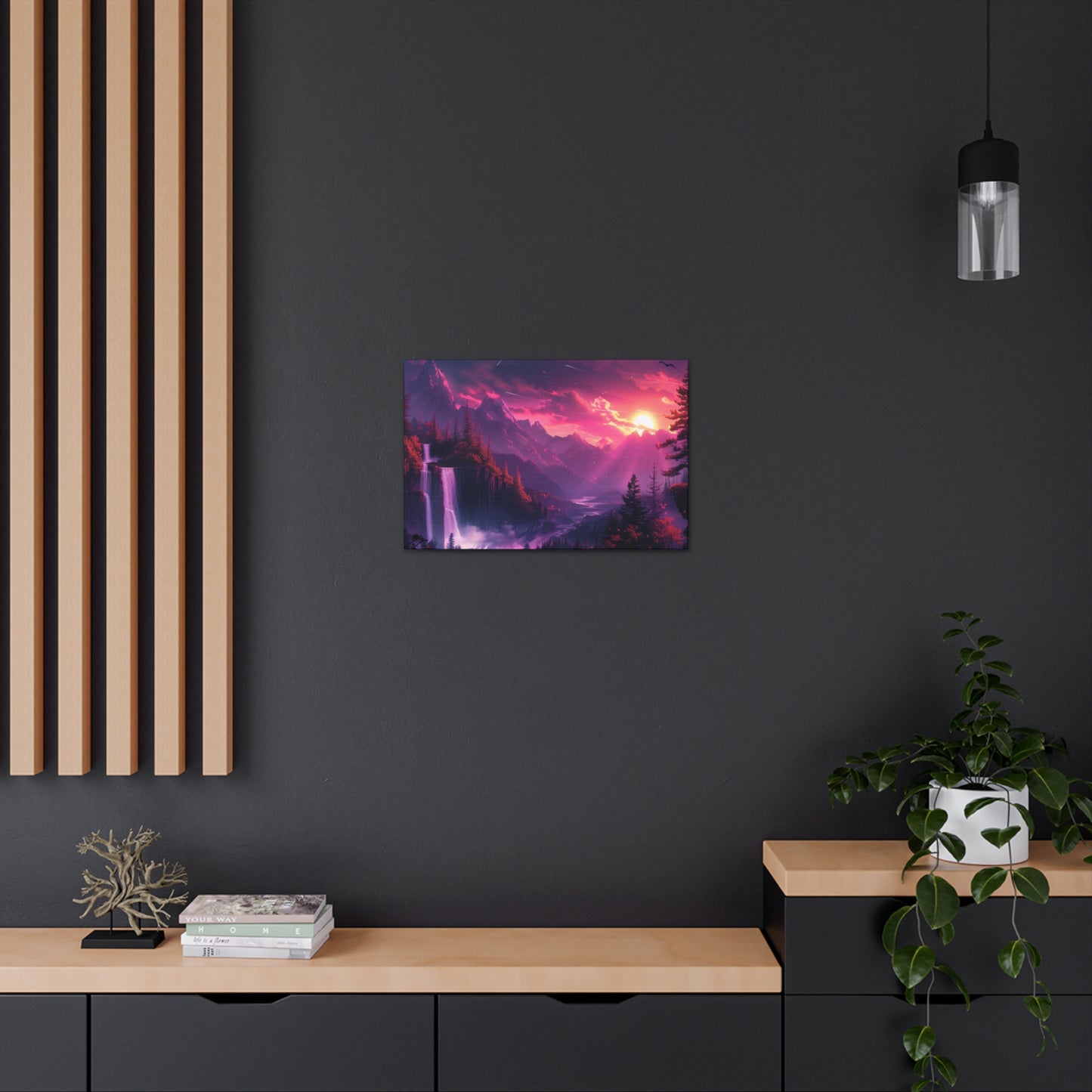 Dreamy Landscape with Waterfall and Mountains - Purple Evening Digital Illustration Canvas Gallery Wraps