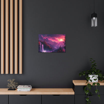 Dreamy Landscape with Waterfall and Mountains - Purple Evening Digital Illustration Canvas Gallery Wraps